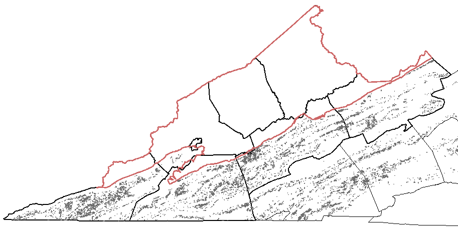 karst topography (in grey) is common in the Valley and Ridge physiographic province, but absent on the Appalachian Plateau