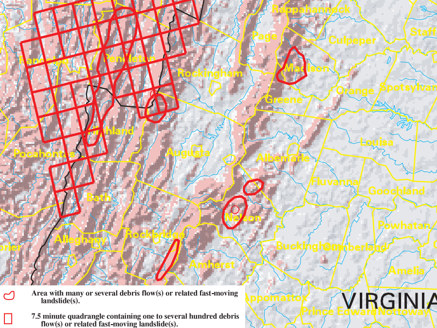 landskide risk in higher in the Blue Ridge and Allegheny Plateau than in the Piedmont