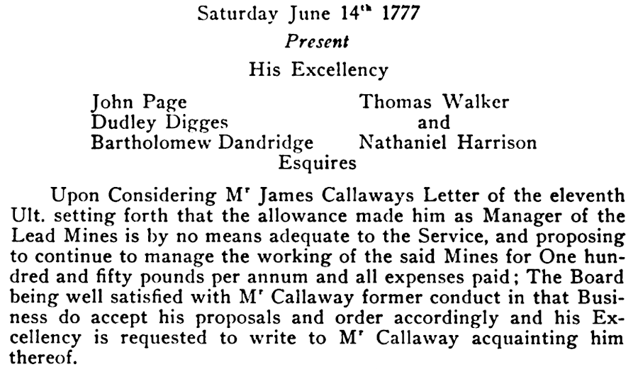 James Callaway managed the lead mines in 1776-1777