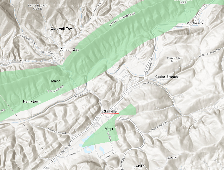 there are narrow bands of the Maccrady/Price Formation from the Tennessee border to the New River