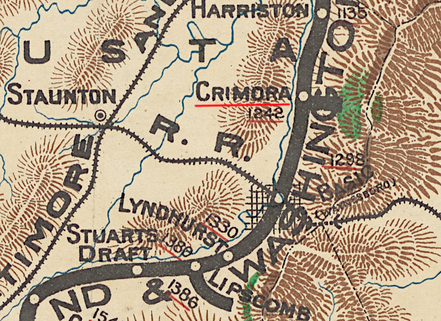 in 1890, the Norfolk and Western Railroad had a branch line at Crimora to manganese mines