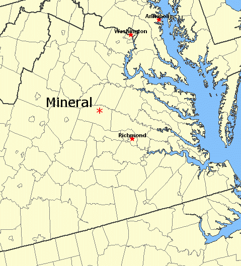 location of Mineral, in Louisa County - and Central Virginia Seismic Zone