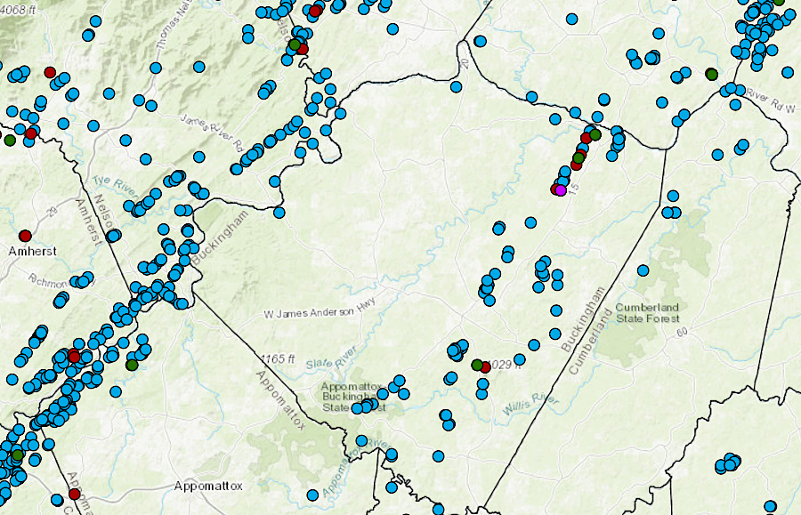 active and abandoned mines and quarries in Buckingham County in 2021