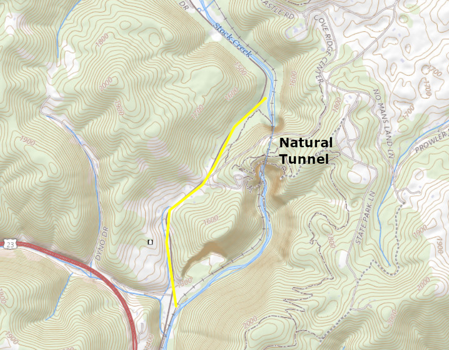 Stock Creek carved a gap now used by Route 871 through Purchase Ridge (yellow line) before creating Natural Tunnel