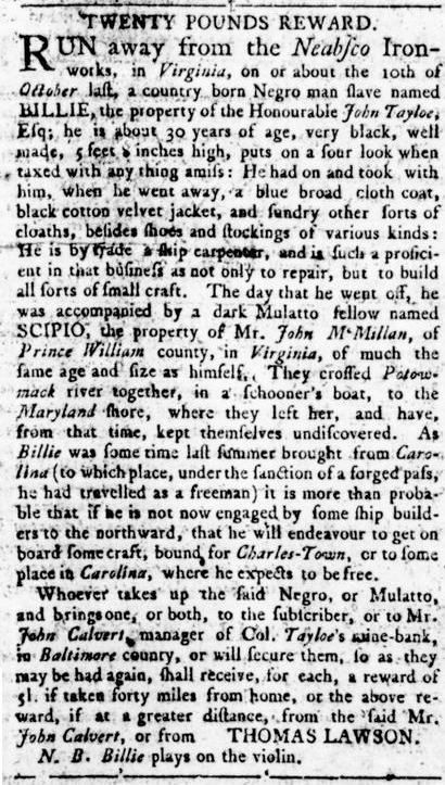 Billie ran away again in 1768