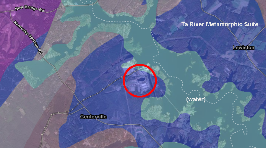 the North Anna Power Station (red circle) is located on the Ta River Metamorphic Suite, within the Chopawamsic Terrane