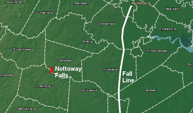 Nottoway Falls is located 40 miles upstream from the Fall Line
