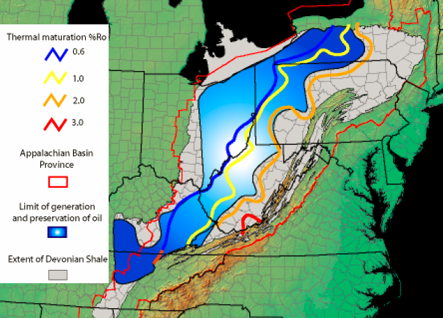 sediments with potential for liquid oil are west of Virginia, where pressure from overlying deposits and tectonic movements were lower