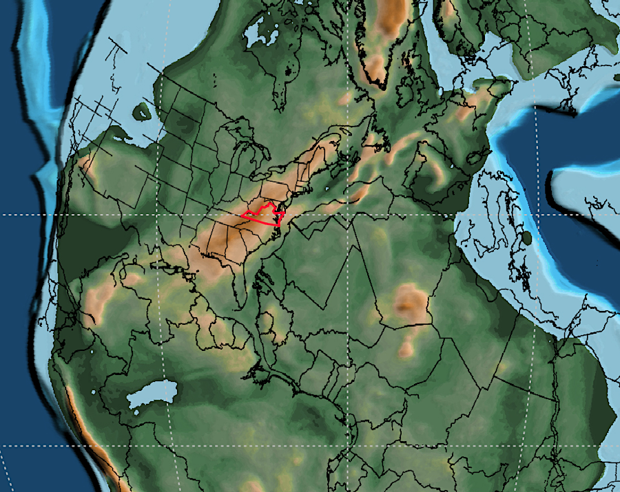 sediments from the Ancestral Appalachians eroded downstream to the edge of Pangea in what today is Arizona (modern Virginia outlined in red)