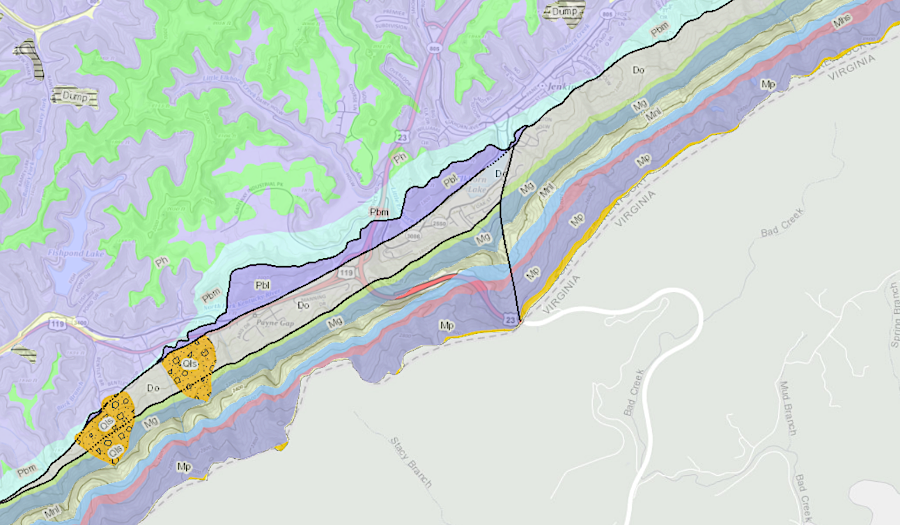 black lines depict faults along Pine Mountain