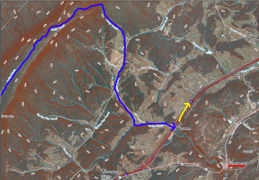 pirated portion of Cedar Creek (in blue), and current headwaters of Pogue Run (in yellow)