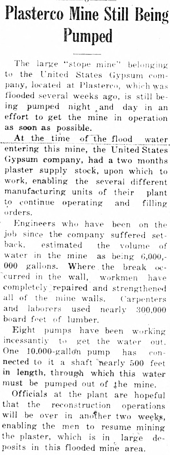 the underground Plasterco Mine near the company's production facilities flooded in 1935