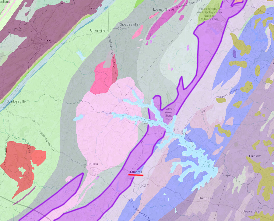 pyrite was mined from the Chopawamsic Formation (purple) north of Mineral in Louisa County