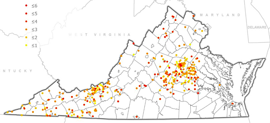 epicenters of Virginia earthquakes between February 1774 - April 2022