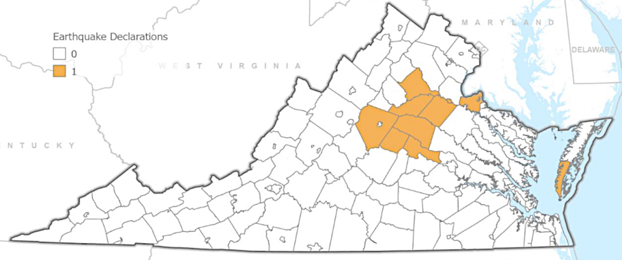 after the 2011 Mineral earthquake, counties included in the presidential disaster declaration stretched from the Blue Ridge to the Atlantic Ocean