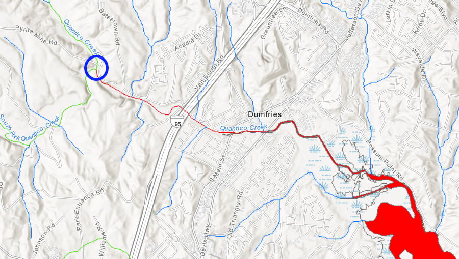 heavy metals leached from mine tailings at the old Cabin Branch Mine (blue circle) still pollute Quantico Creek a century after mining stopped
