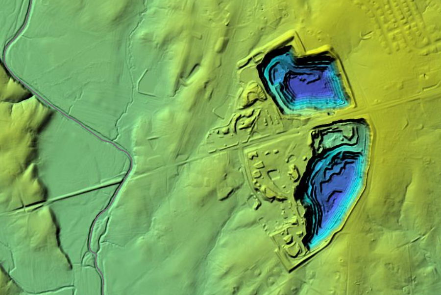 LIDAR reveals the excavation of basalt quarries in Fairfax County, just east of Stone Bridge over Bull Run