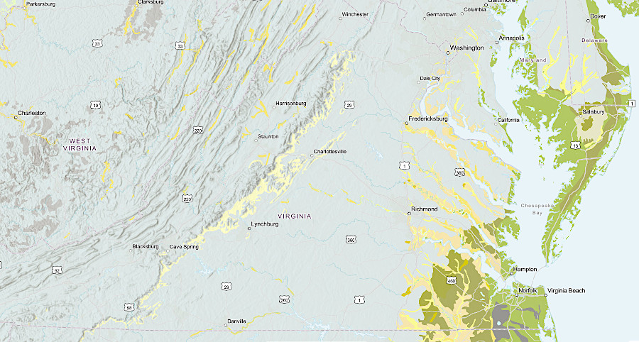 Virginia's most recent geological layers are sediments eroded off the Blue Ridge and deposited in river valleys during the Quaterary Period, in the last 2.6 million years