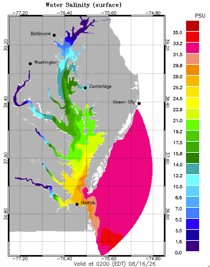 salinity of water in the Chesapeake Bay and Tidewater rivers varies by location (PSU = Practical Salinity Unit, equivalent to parts per thousand)