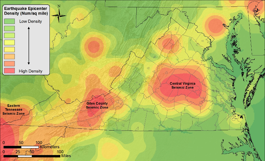 the three seismic zones in Virginia are defined by the frequency of earthquakes