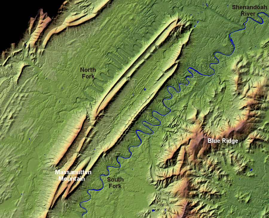 the South Fork and the North Fork of the Shenandoah River are carrying away the sediments that erode off Massanutten Mountain, and etching out valleys on either side