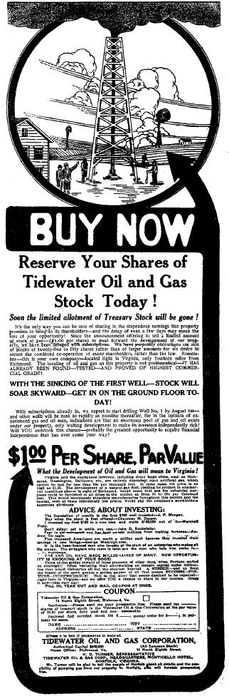 July 11, 1916 advertisement in Virginian-Pilot and Norfolk Landmark, to recruit investors for oil well in Prince Edward County