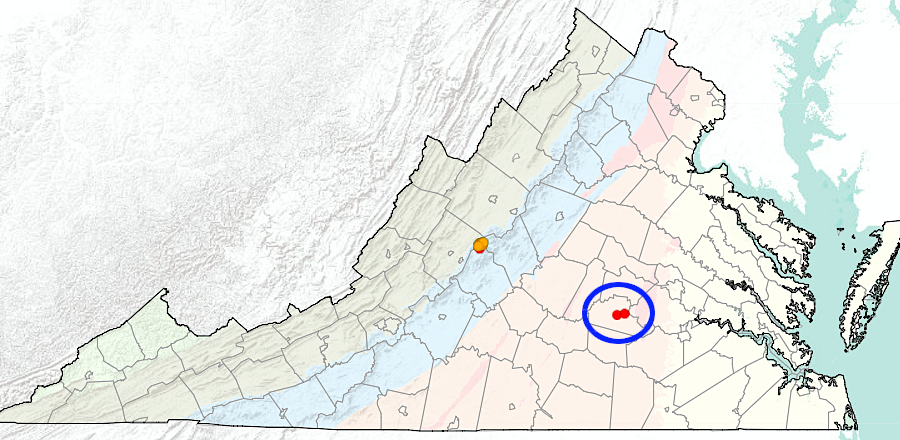 tin was produced as a secondary product at the Morefield Mine and Rutherford #3 (blue circle)
