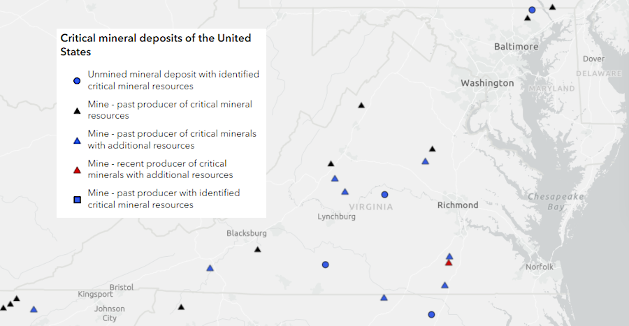 the Millrun and Hickory deposits of ilmenite and zircon in southeastern Virginia (red triangle) are of national significance