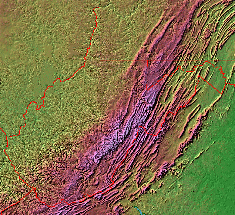 west of the Allegheny Front, rivers carved valleys into the flat-lying sediments that had eroded off the mountains uplifted by Taconic, Neo-Acadian, and Alleghanian orogenies