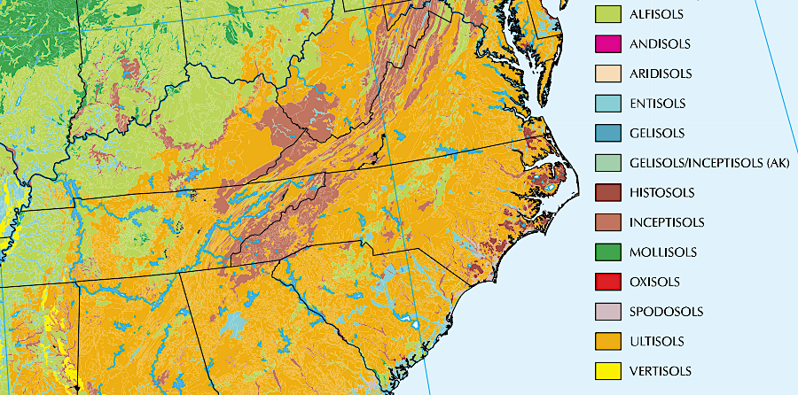 of the 12 soil orders, ultisols that include red clay are the most common in Virginia and the southeastern states