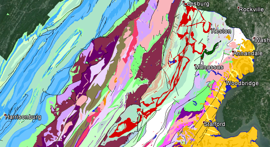 Virginia has multiple types of bedrock, from the limestones in the Shenandoah Valley (blue) to the sedimentary layers on the Coastal Plain (yellow), with igneous/metamorphic zones in-between