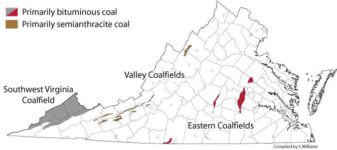 Virginia's Valley and Ridge coal is semi-anthracite, while Appalachian Plateau and Triassic Basin coal is bituminous