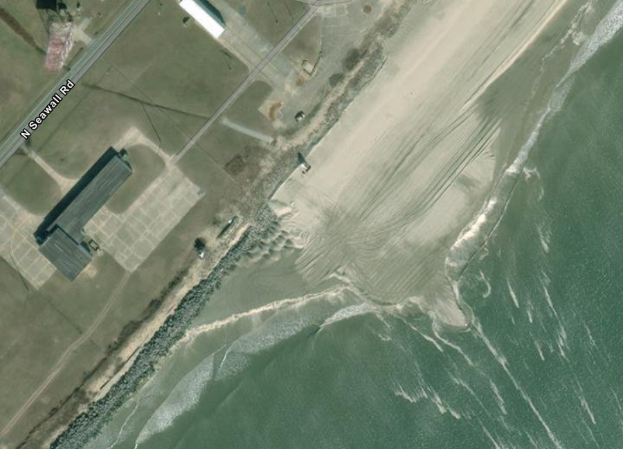 at Wallops Island, beach replenishment stopped near the southern end where a seawall now provides the only protection