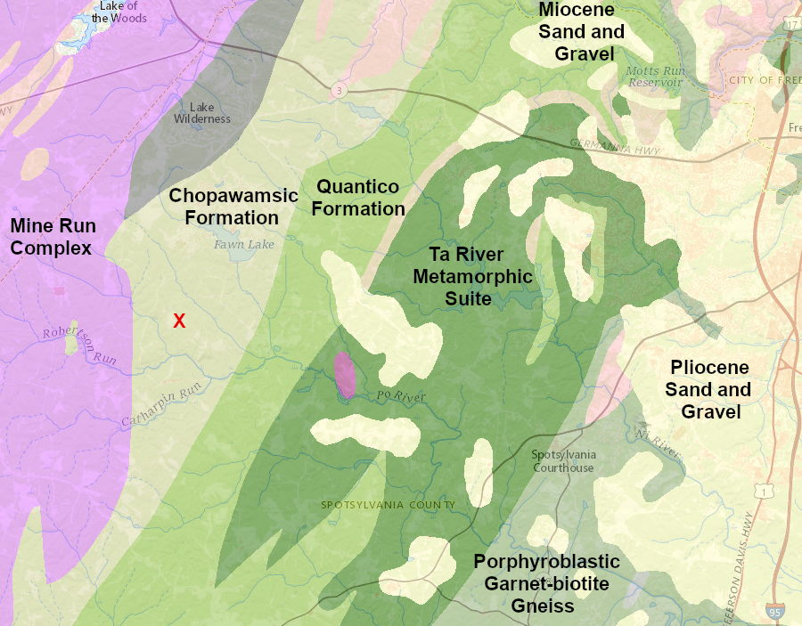 the Whitehall Mine is located in the Chopawamsic Formation, north of Lake Anna