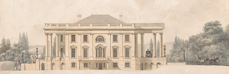 James Hoban built a simple rectangular block for the President's House from Aquia Sandstone, and Benjamin Henry Latrobe designed the addition of porticos on the northern and southern sides