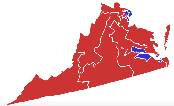 after the 2012 election, Virginia had 8 Republicans and 3 Democrats serving in the US House of Representatives - and 2 Democrats serving in the US Senate