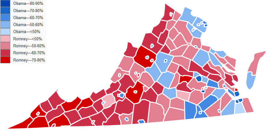 in the 2012 election for president, only a handfull of counties west of the Fall Line voted for the Democratic candidate - but look who won many of the urbanized cities, even west of the Blue Ridge