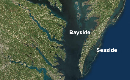 on the Eastern Shore, directions may be given in terms of seaside vs. bayside rather than east vs. west