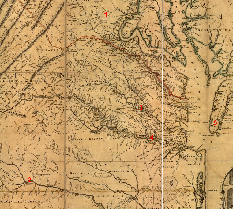 Bacon's Rebellion was sparked by an overseer's murder in Stafford County (1), but Bacon led his rebel army against peaceful Occoneechee at their fur trading post on the Roanoke River (2) and the peaceful Pamunkey (3), then burned Jamestown (4) while Governor Berkeley fled to the Eastern Shore (5)