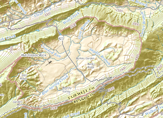 raindrops that reach the valley floor at Burke's Garden flow through the same gap used by Route 623 - and end up in which Virginia river?