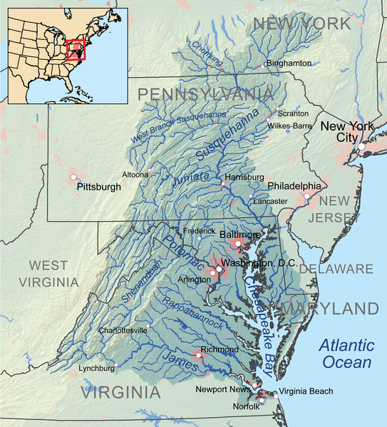 the Chesapeake Bay watershed includes land in New York and Delaware, and extends almost to Blacksburg in Virginia