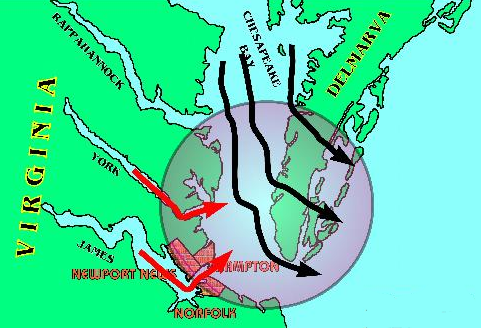 long after the bolide arrived, the Susquehanna River brought sediments downstream, and when sea levels rose again the river carved new channels further south (in black); the James and York river channels may have intersected the subsiding crater before the Susquehanna River arrived that far south
