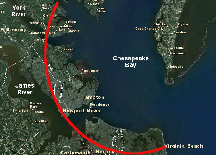 the channels of the York and James rivers bend when they intersect the crater