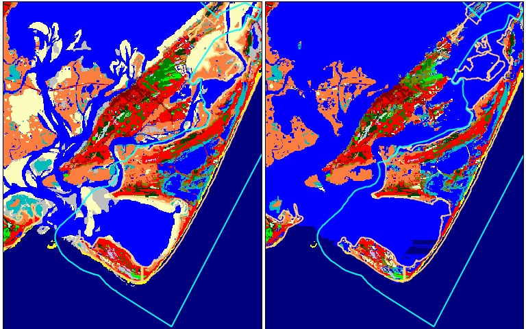predicted impact of .7 meters of sea level rise, contrasting current vs. 2100 shape of Chincoteague Island