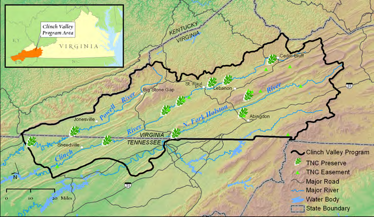 the Holston, Clinch, and Powell rivers are biological hotspots and land prices are relatively low, so The Nature Conservancy has made the area a priority for acquiring/expanding preserves