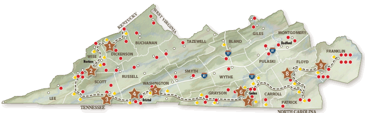 The Crooked Road links 9 major heritage music sites and 60 affiliated venues/festivals in 19 counties of Southwestern Virginia
