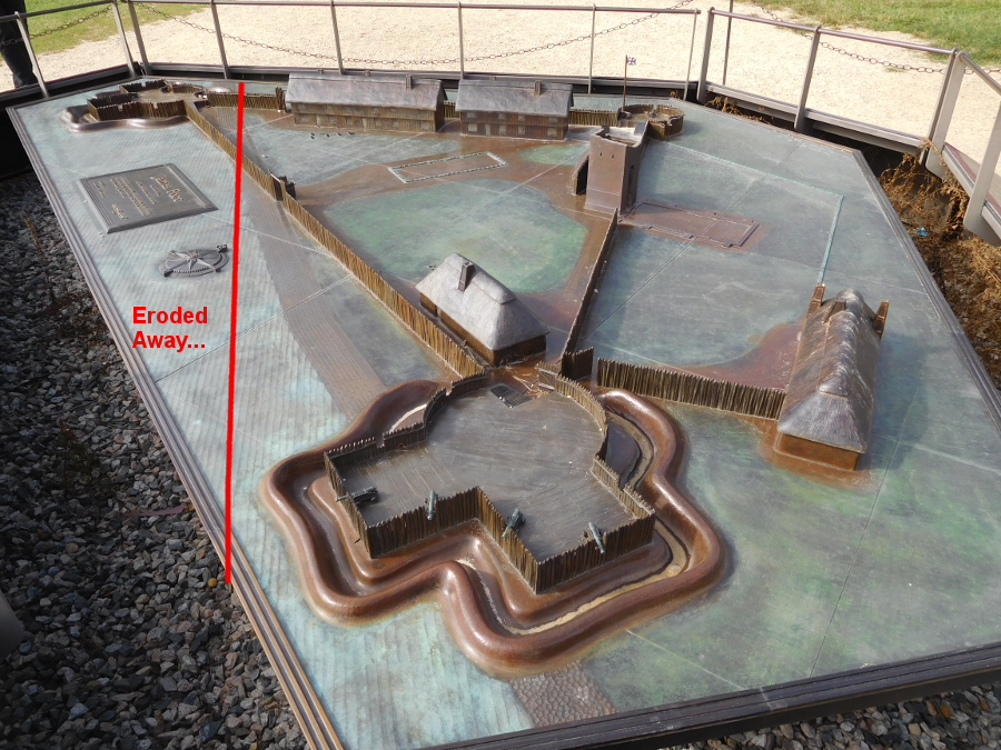 the James River eroded away one bulwark of the fort, where cannon were placed to defend against Spanish, Dutch, or French ships