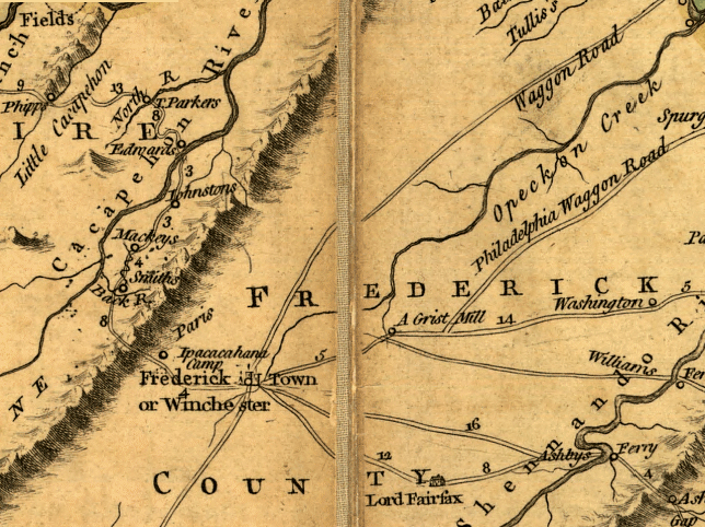 map of Virginia by Thomas Fry and Peter Jefferson, showing location of Fredericktown (now Winchester) on the Waggon Road to the Potomac River (now US Route 11)