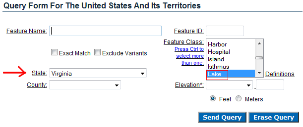 search GNIS for features in Virginia called lakes