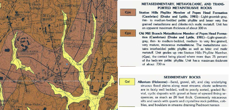 bedrock geology at GMU's Fairfax Campus, in the Piedmont physiographic province